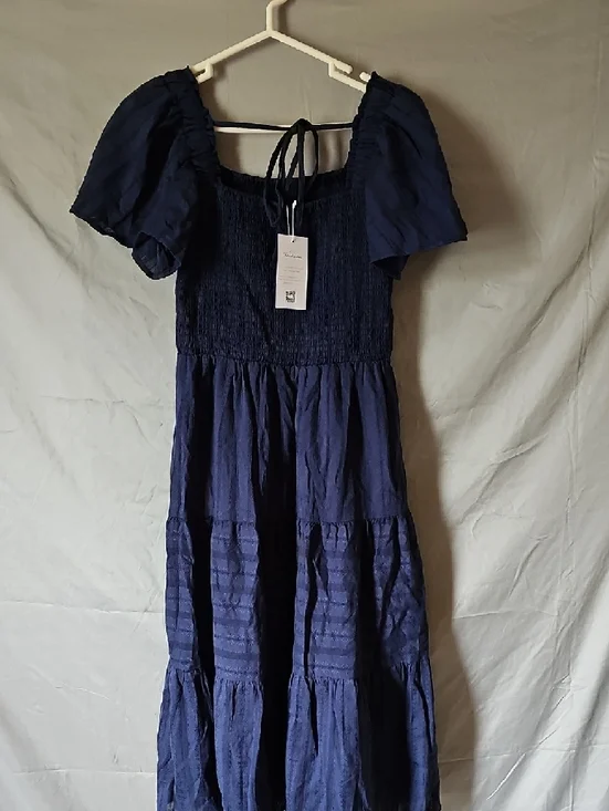 Smocked Square-Neck Tiered Midi Dress in Navy Size Medium - Picture 3 of 9